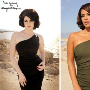 Pinup Couture - Vivien Dress in Black - Sateen Stretch  with shoulder detail